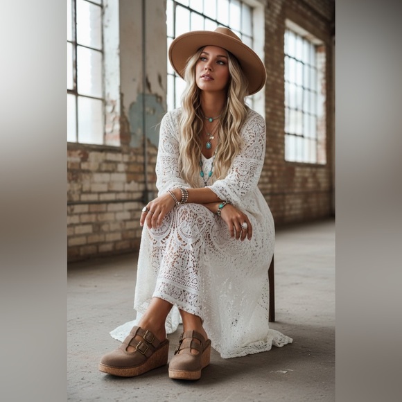 NIB Pierre Dumas Vegan Suede Close Toes Boho Mules Clog Wedge Heel Shoes Taupe - Picture 2 of 8